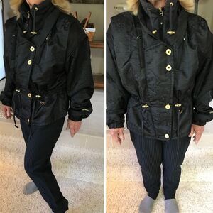 Vintage Obermeyer 2 pc Ski Jacket Pants Ski Suit Black Brocade Gold 80s 12P